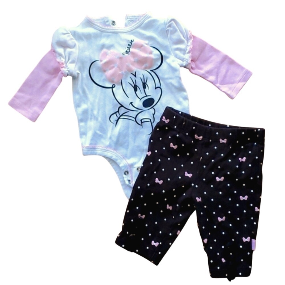 Disney Girls Minnie Mouse Long Sleeve Pink‎ Shirt and Black Pants Outfit 3M